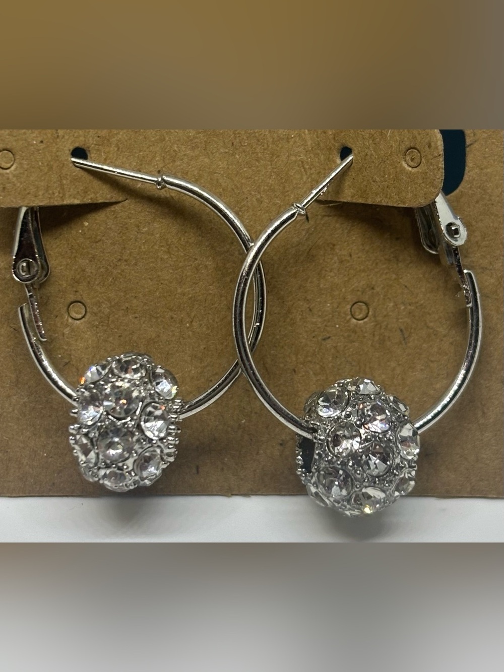 Silver Crystal Ball Hoop Earrings - Sparkling Silver Drop Hinge Back Closure